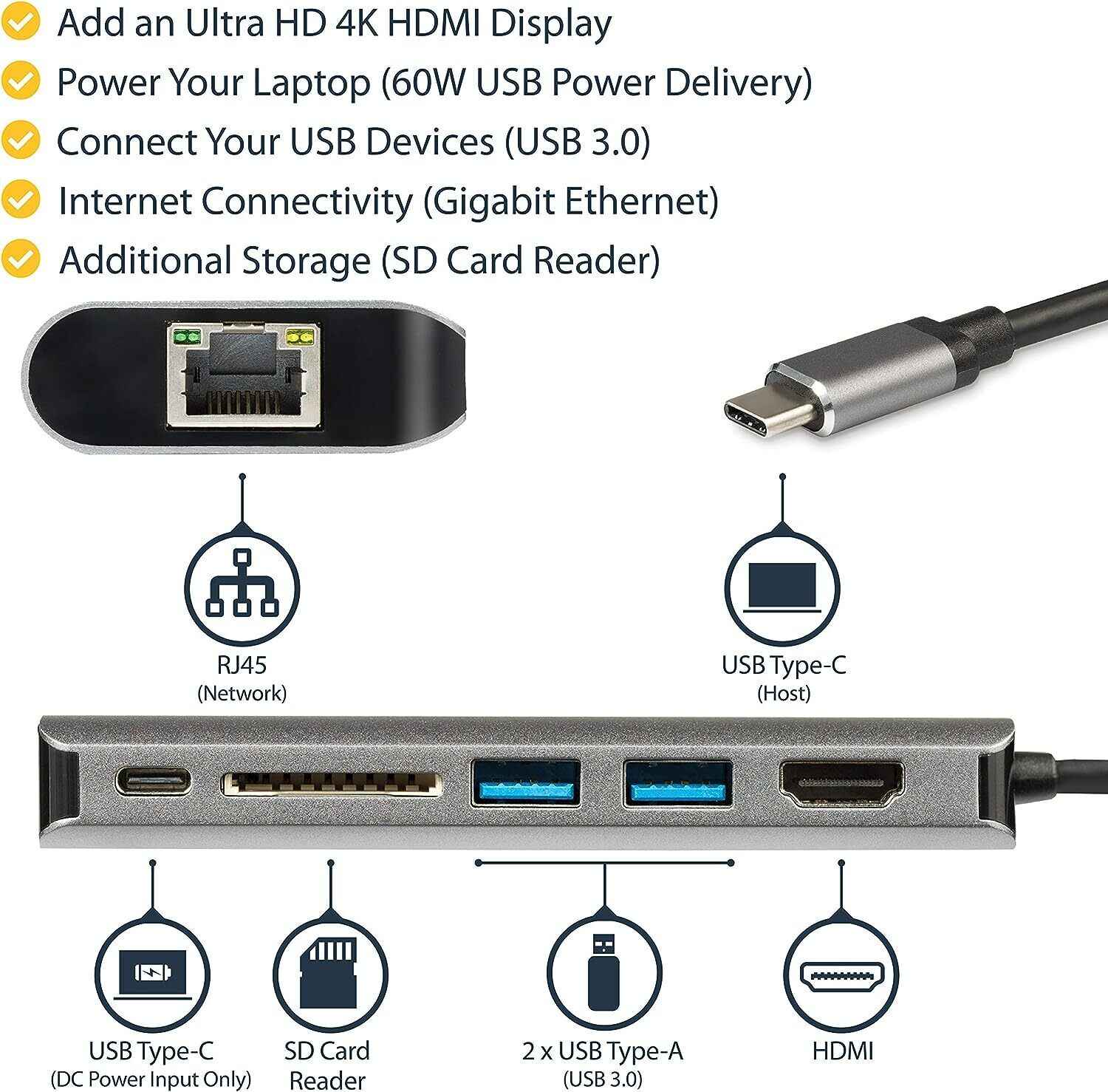 Multiport USB Hub Adapter Docking Station for Laptop with HDMI and Type-C Ports