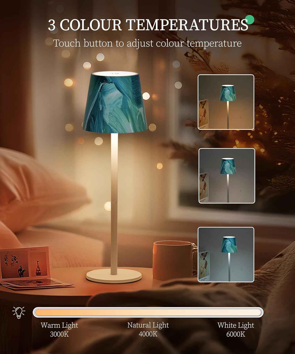 Rechargeable Table Lamp 5200mAh Battery Operated 3 Modes Dimmable Touch Control
