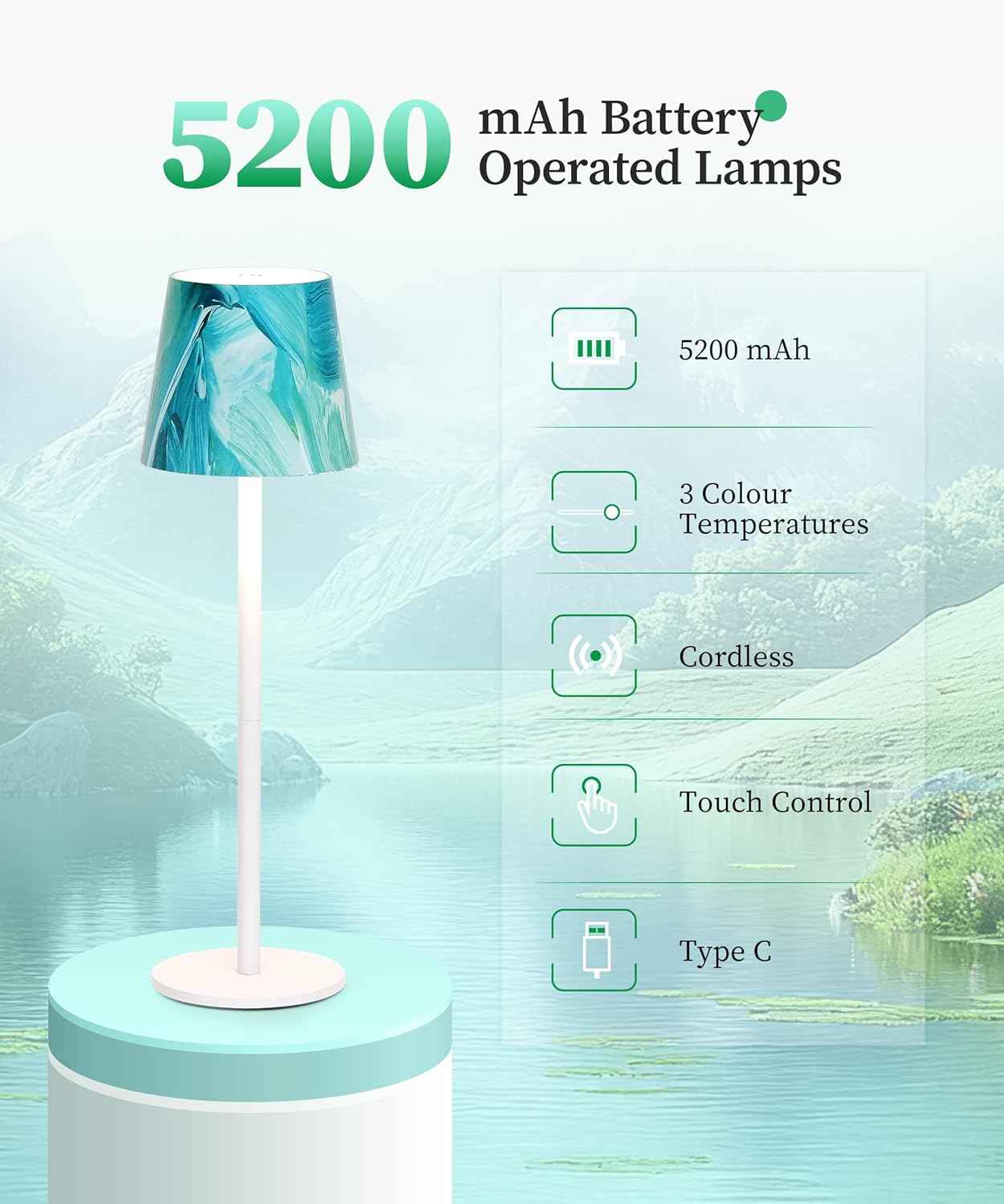 Rechargeable Table Lamp 5200mAh Battery Operated 3 Modes Dimmable Touch Control