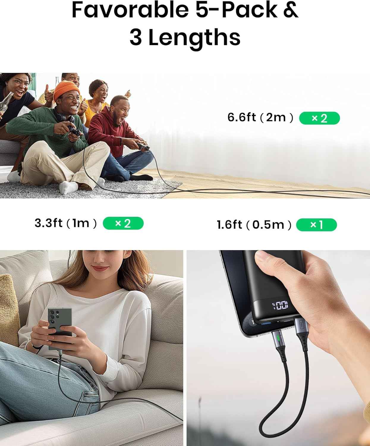 USB-C Fast Charging Cable 3.1A - 5 Pack for Phones, Consoles, and More